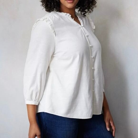 LC Lauren Conrad Tops - LAUREN CONRAD White Loop & Button Down Ruffle Detail Blouse Size Small